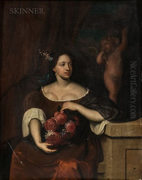 Seated Woman With A Bouquet Of Roses, A Figure Of Cupid Behind Her - view 1