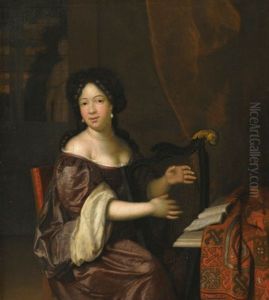 A Young Lady Playing The Harp by Johannes (Jan) Tielius