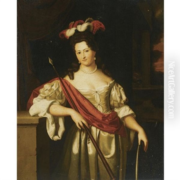 Portrait Of Isabella De Savornin As Minerva, Wearing A White Satin Dress With A Red Sash And A Plumed Hat - view 1