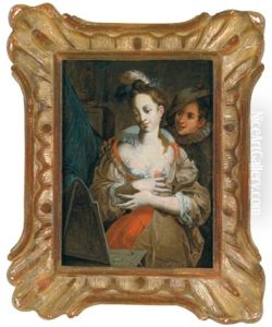 Eine Elegante Dame Betrachtet Sich Im Spiegel by Johannes (Jan) Tielius