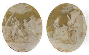 A Baccanale With Two Women Dancing In A Landscape; And Pulcinella With Two Other Figures From The Commedia Dell'arte In A Landscape (pair) by Giovanni Domenico Tiepolo