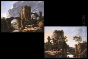 Landschaft Mit Ruinen Und Figurenstaffage (+ Another, Similar; Pair)