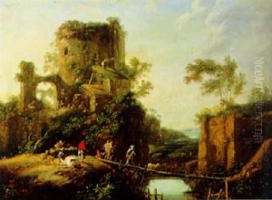 Landschaft Mit Turmruine Und Einem Steg Mit Reisenden