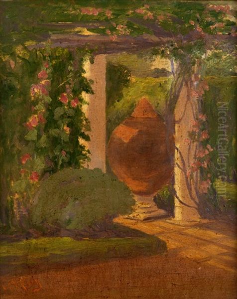 Garden Scene With A Trellis And A Large Urn - view 1