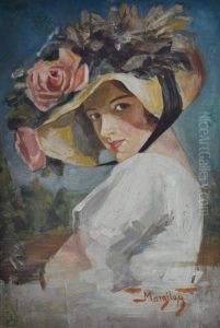 Portrait Of A Young Lady With Floral Bonnet by Margilay Von Tihamer