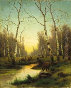 Elk In The Forest At Dawn by Efim A. Tikhmenev