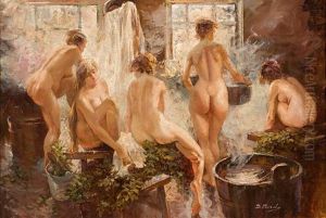 Badende Frauen In Einer Russischen Banya by Vitaly Gavrilovich Tikhov