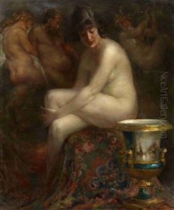 Nude With A Rubens Painting by Vitaly Gavrilovich Tikhov