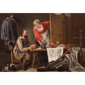 Departing For The Battle, An Elderly Couple In An Interior Preparing For The Departure Of Their Son by Gillis van Tilborgh