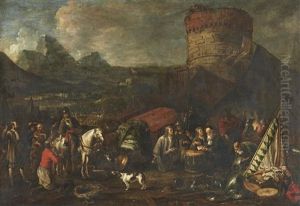 A Camp With A Commander And A Man Kneeling And A Company Of Officiers Playing Cards by Gillis van Tilborgh
