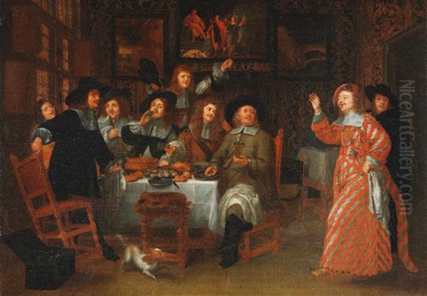 Figures Dining In An Interior With A Carnival Figure - view 1