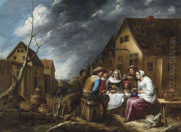 Family Celebration In Front Of Tavern - view 1