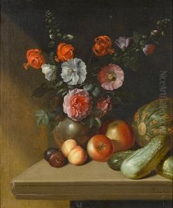 Roses, Delphiniums, Red Turban Cap Lillies And Other Flowers In A Pewter Vase With Apples, Plums And Marrows On A Stone Ledge