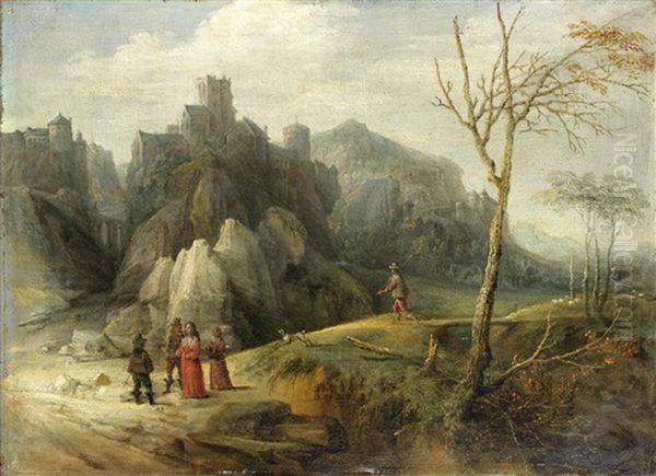 Figures Conversing In A Mountainous Landscape, A Walled City In The Distance - view 1