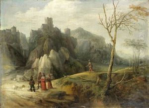 Figures Conversing In A Mountainous Landscape, A Walled City In The Distance