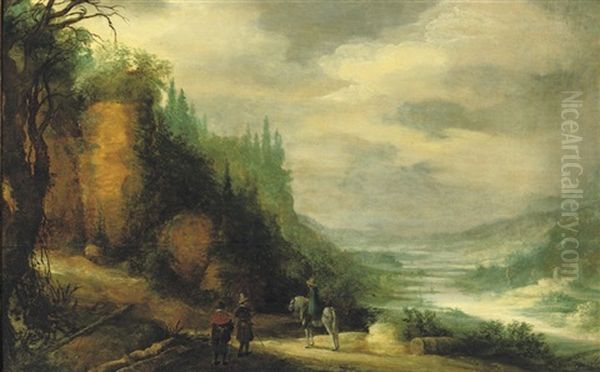 A Rocky River Landscape With Travellers On A Track - view 1