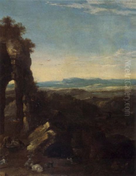 An Extensive Mountainous Landscape With Rabbits, Owls And Other Animals Near A Roman Ruin - view 1