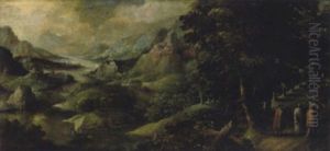 Gebirgige Fluslandschaft Mit Christus Und Anderen Auf Dem Weg Nach Emmaus Gebirgige Fluslandschaft Mit Christus Und Anderen Auf Dem Weg Nach Emmaus