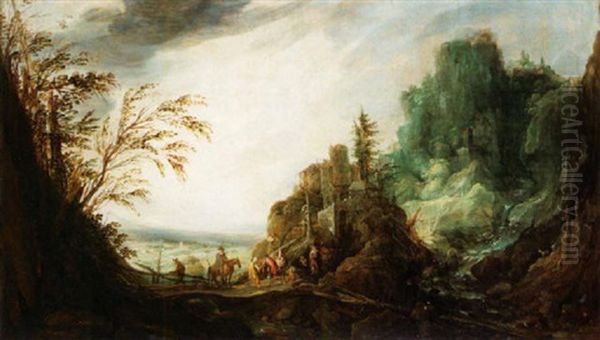 A Rocky Landscape With A Waterfall And Figures Meeting On A Bridge - view 1
