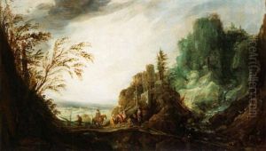 A Rocky Landscape With A Waterfall And Figures Meeting On A Bridge A Rocky Landscape With A Waterfall And Figures Meeting On A Bridge