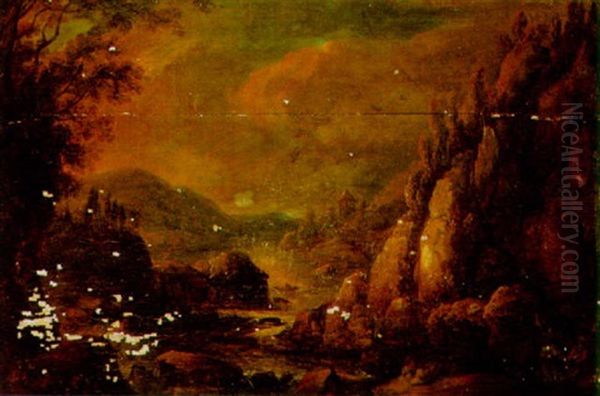 A Rocky Landscape With Two Travellers Conversing Near A River, Mountains Beyond - view 1
