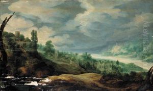 An Extensive Rhenish Landscape With A Village And A Pilgrim Before A Shrine