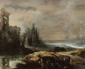 A Panoramic Landscape With Architectural Ruins, Huntsmen And A Horse By A Watering-hole A Panoramic Landscape With Architectural Ruins, Huntsmen And A Horse By A Watering-hole