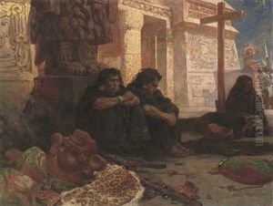 Aztecs By A Temple, With Conquistadors Beyond