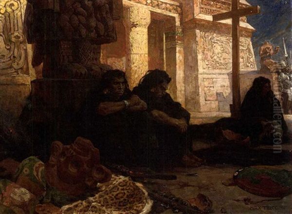 Aztecs By A Temple, Wth Conquistadors Beyond - view 1