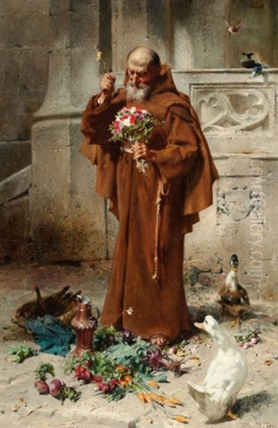 Monk With Ducks And Flowers - view 1