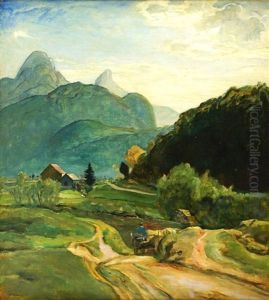 Sommerliche Landschaft In Den Voralpen Mit Hochgebirgshintergrund