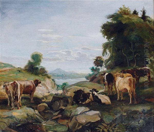 Herd Of Cows At The Lake - view 1