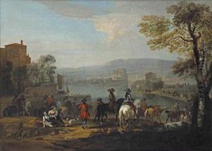A Italianate River Landscape With A Military Company Riding Along The River Bank Towards A Town In The Near Distance by Peter Tillemans
