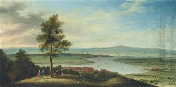 An Extensive River Landscape, With Boats On The River And Elegant Company Conversing In The Foreground - view 1