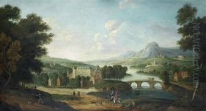 Figures Departing For The Hunt With An Extensive River Landscape Beyond