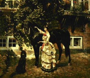 Ung Dame Med Sin Sorte Hingst Og Hund Pa En Gardsplads by Vilhelm Eyvind Tilly
