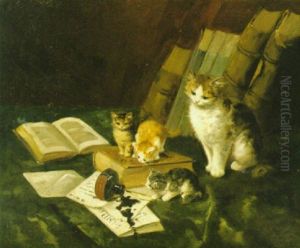 Kattfamilj Bland Bocker by Vilhelm Eyvind Tilly