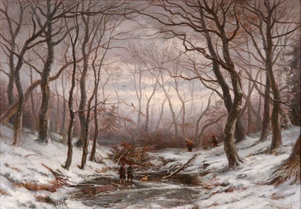 Winter Forest Scene With Figures Gathering Wood And Hunting - view 1