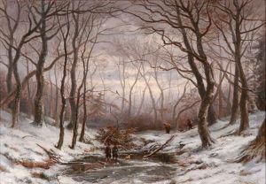 Winter Forest Scene With Figures Gathering Wood And Hunting by Jan Hermanus Melchior Tilmes