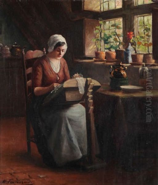 Femme A La Broderie Pres De La Fenetre - view 1