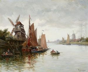 Pecheurs Pres Des Moulins En Hollande by Louis Etienne Timmermans