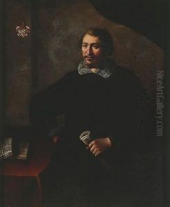 Portrait Of A Gentleman Of The Van Axel Family, In Black Costume, In An Interior Beside Letters On A Table Draped With A Red Cloth, Holding A Pair Of Gloves