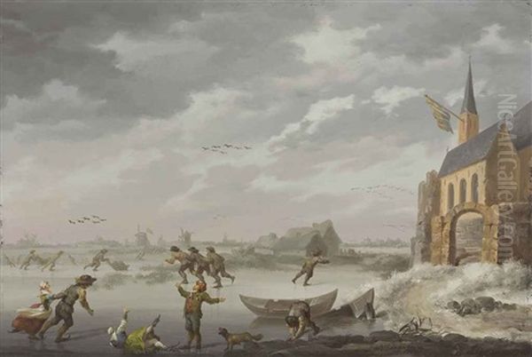 Skaters On A Frozen Lake, With Windmills And A Town Beyond - view 1