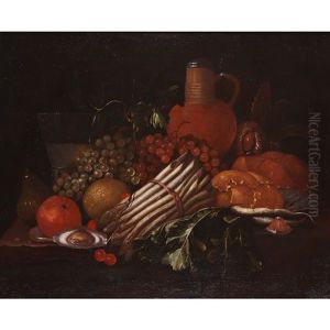 Still Life With Fruits, Asparagus, Grapes, An Oyster, Bread Rolls, A Glass Of Wine And Pitcher