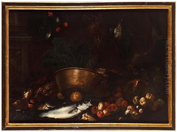 A Big Still Life With Flowers, Fruits, Vegetables, Fishes And A Copper Pot - view 1