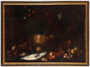 A Big Still Life With Flowers, Fruits, Vegetables, Fishes And A Copper Pot