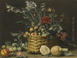 Still Life With Pears, Apples, Chrysanthemum And Other Flowers In A Basket Beside Two Large Lemons Still Life With Pears, Apples, Chrysanthemum And Other Flowers In A Basket Beside Two Large Lemons