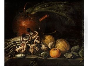 Stilleben Mit Pilzen, Obst Und Gemuse Mit Einem Kupferkessel