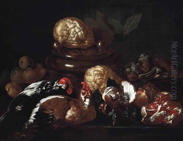 Poultry, Apples, Squash, Pomegranates And Figs On A Stone Ledge With An Earthenware Pot - view 1