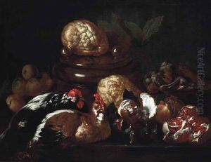 Poultry, Apples, Squash, Pomegranates And Figs On A Stone Ledge With An Earthenware Pot